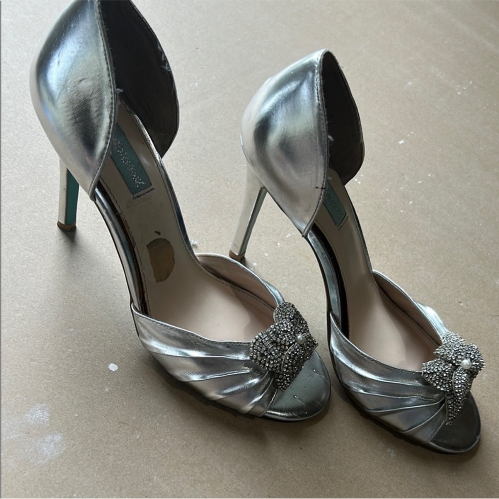 Betsey Johnson Silver Heels with Rhinestone Bow